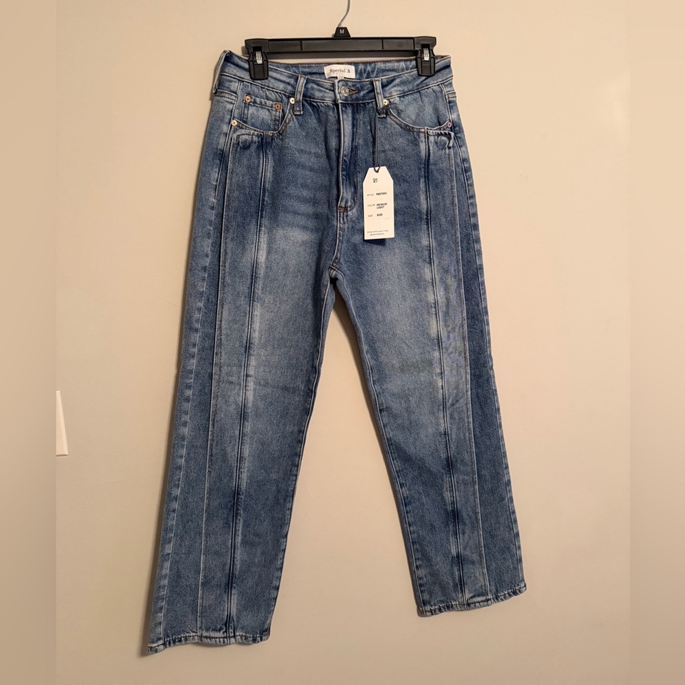 Special A Blue straight rigid and stretch  Women's jeans with leg panel detail